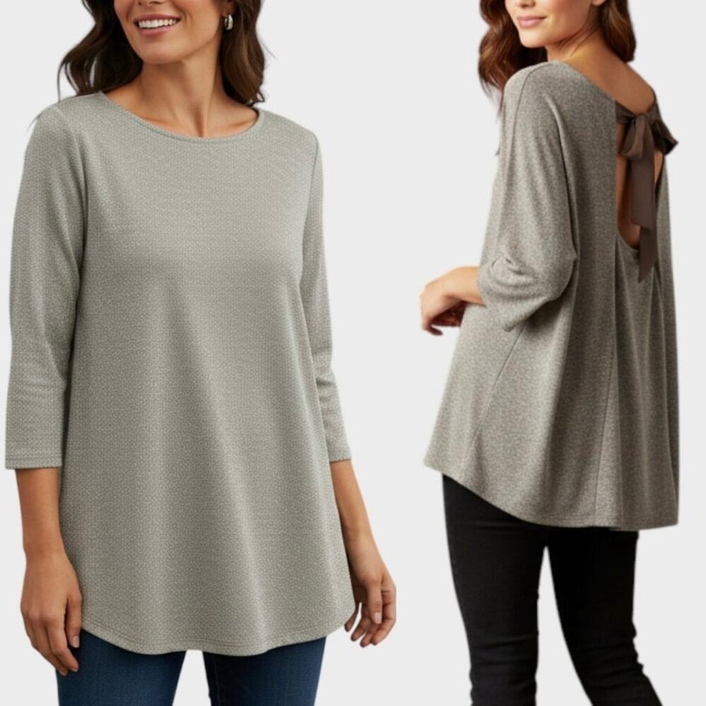 BKE Red 3/4 Sleeve Gray Top Large Bow Tie Back Polyester Rayon Spandex